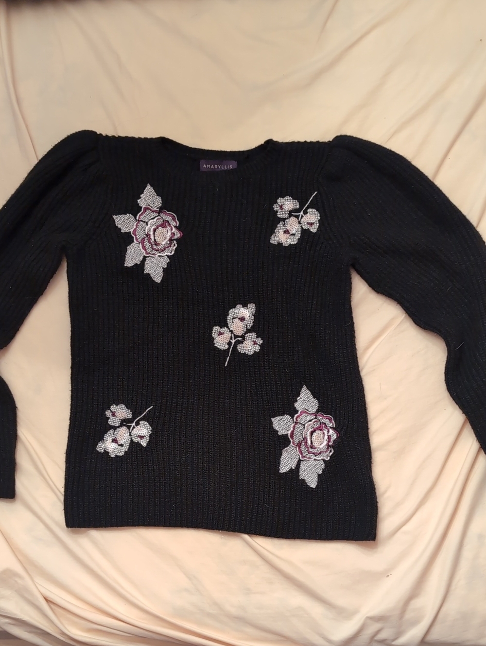 Anastasia Black Crewneck Sweater with Silver and Pink Floral Embroidery